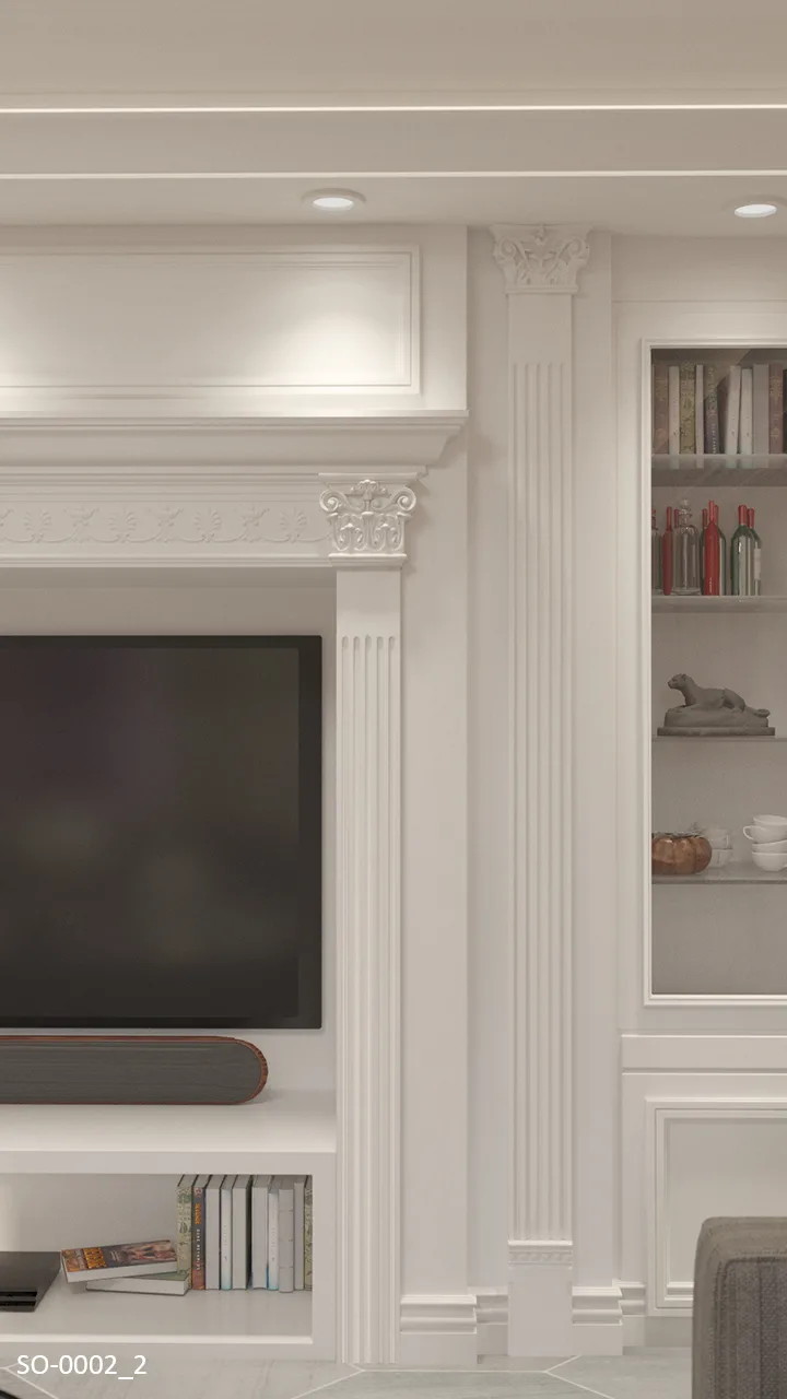 新古典客廳壁爐組與平面羅馬柱結合運用，完美融入電視牆