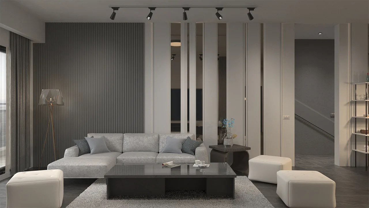 現代簡約居家｜溝槽設計＋線板搭配金屬設計沙發牆面