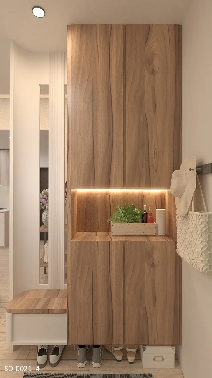 富含生活氣息的開放式空間｜使用弧形線板與造型線板，結合木作與美耐板裝飾玄關