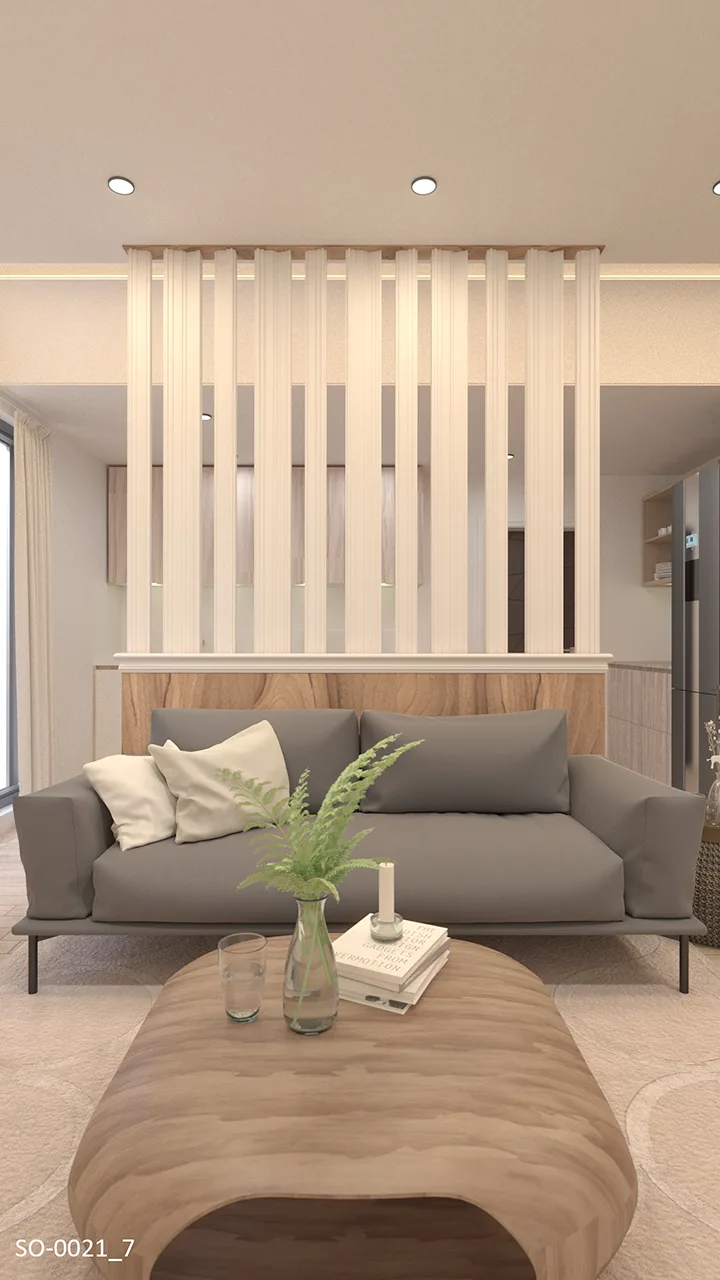 富含生活氣息的開放式空間｜線板與格柵結合，可做鏤空沙發牆隔出廚房區域