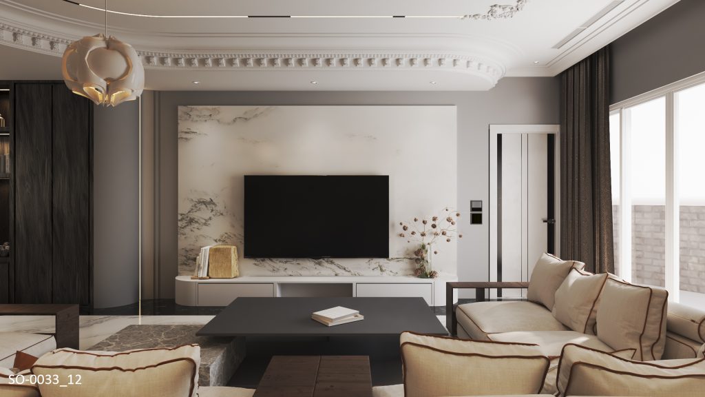 微歐式客廳效果圖，運用彎弧線板搭配間接照明修飾樑柱，雕花線板與飾花模組裝飾天花板