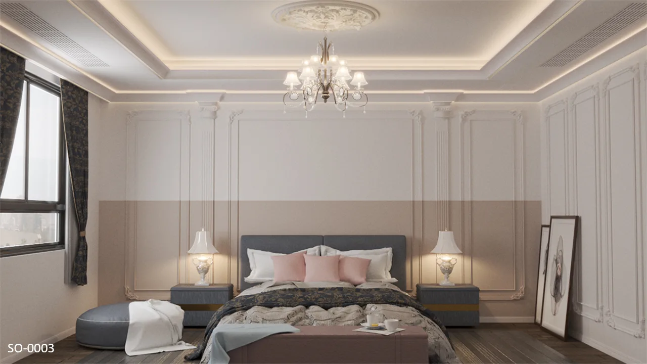 新古典臥房間接照明柔和光線，平面羅馬柱與牆面彎角設計增加空間層次