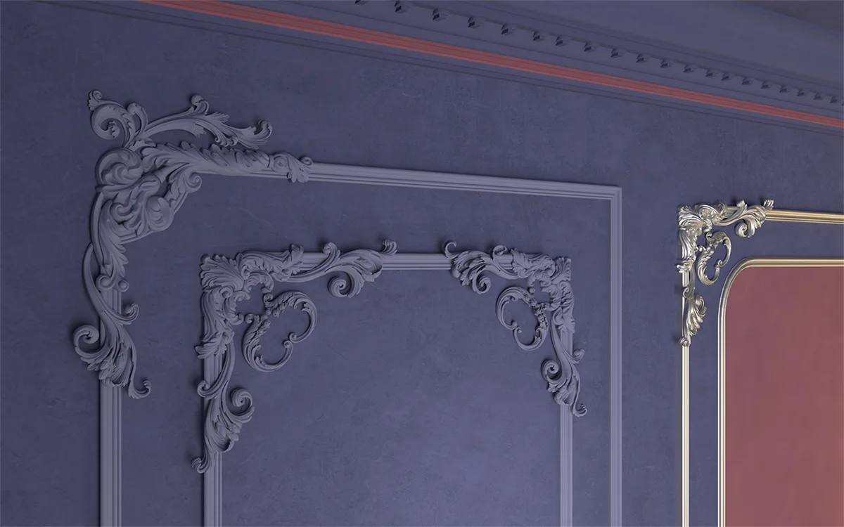 天花板銜接牆面使用雕花角線板增加空間層次， 卡槽式彎角搭配飾花豐富格線設計， 牆面運用特殊塗料，充滿歐式低調奢華風情。