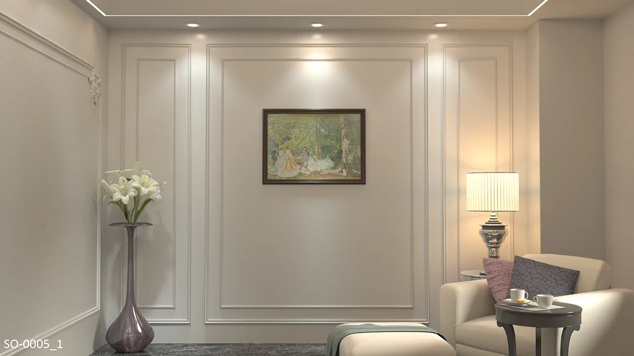 現代簡約、美式客廳一隅運用光影線板做回字型間接照明，提升空間氛圍； 牆面一側做格線設計，一側搭配彎角，使之更具層次感。