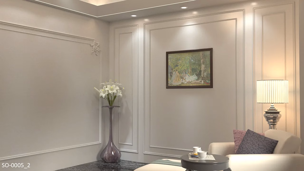 現代簡約、美式客廳一隅運用光影線板做回字型間接照明，提升空間氛圍； 牆面一側做格線設計，一側搭配彎角，使之更具層次感。
