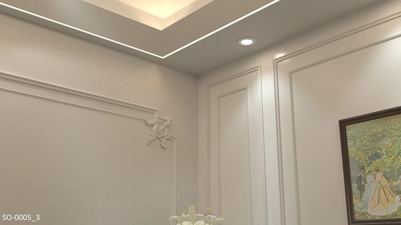 現代簡約、美式客廳一隅運用光影線板做回字型間接照明，提升空間氛圍； 牆面一側做格線設計，一側搭配彎角，使之更具層次感。