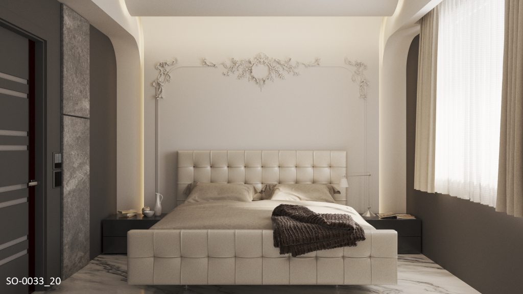 微歐式次臥，以波浪板裝修天花板，模組飾花裝飾牆面與櫃體效果圖