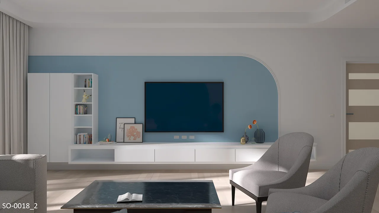 簡約居家｜夏日天空藍配色客廳，天花板採回字型，加強視覺與吸音效果；電視牆運用素面平面線板簡單裝飾