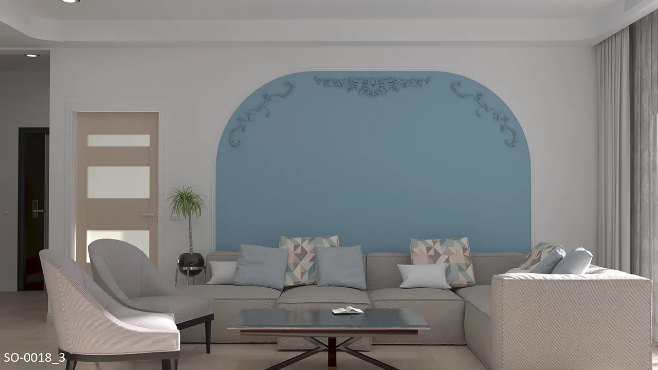 簡約居家｜夏日天空藍客廳，沙發牆運用飾花＋產品模組範例，中花OB-0090使空間更加活潑、有層次
