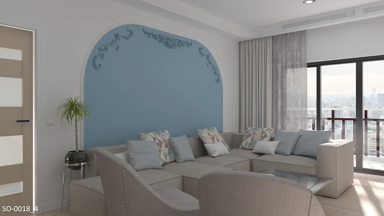 簡約居家｜夏日天空藍客廳，沙發牆運用飾花＋產品模組範例，中花OB-0090使空間更加活潑、有層次