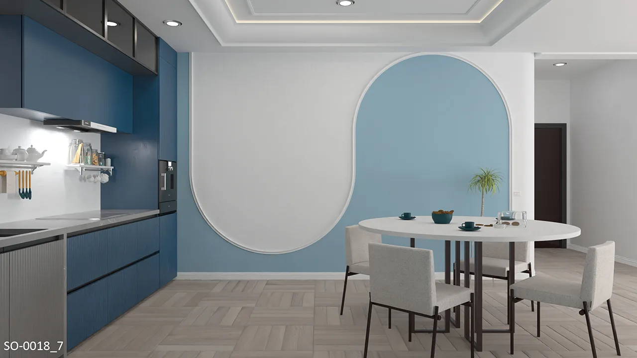 簡約居家｜夏日天空藍配色飯廳運用平面線板做曲線創造波浪形牆面裝飾