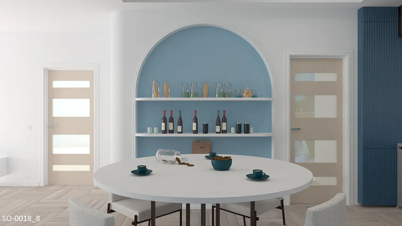 簡約居家｜夏日天空藍配色飯廳運用平面線板做曲線裝飾拱門形狀置物櫃