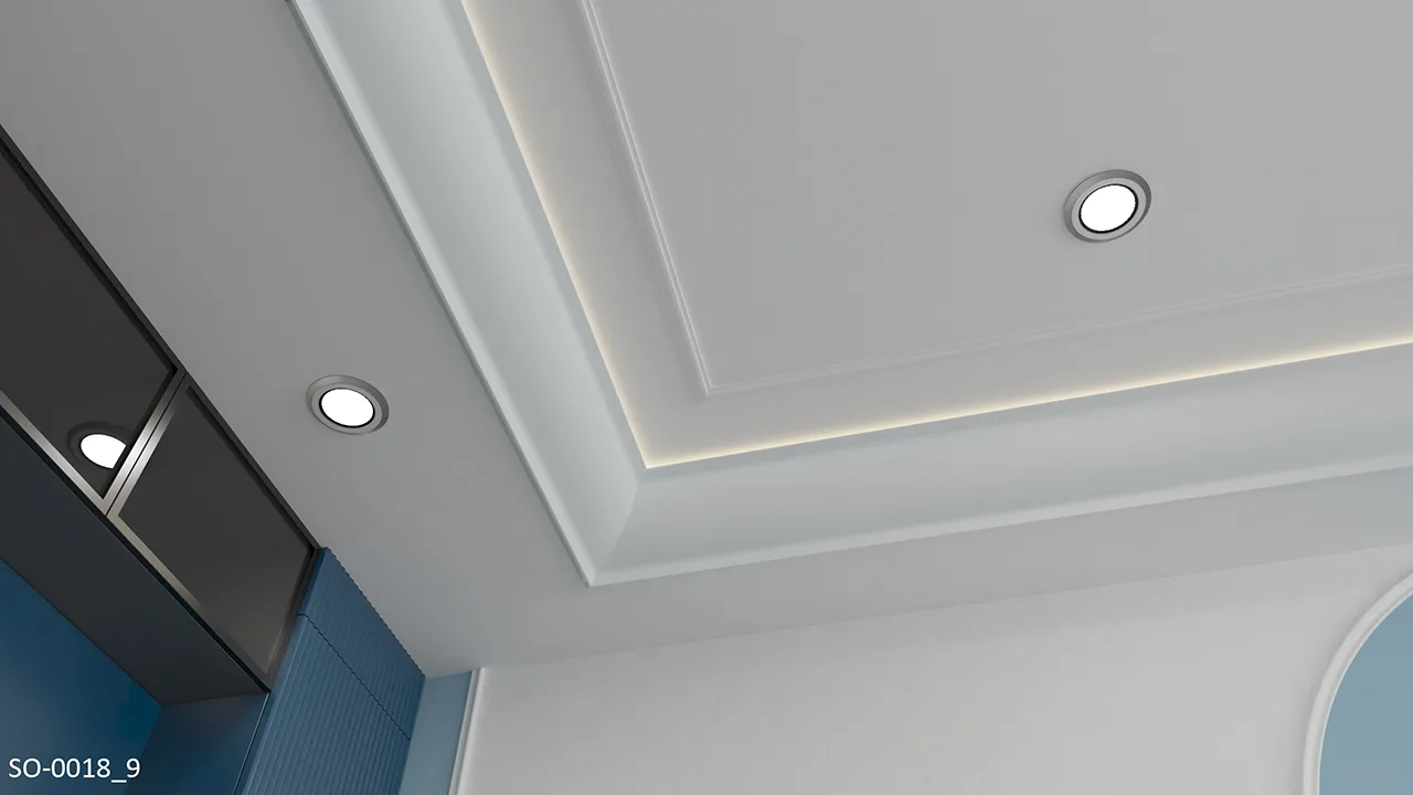 簡約居家｜夏日天空藍配色飯廳天花板運用光引線板做間接照明與內框裝飾