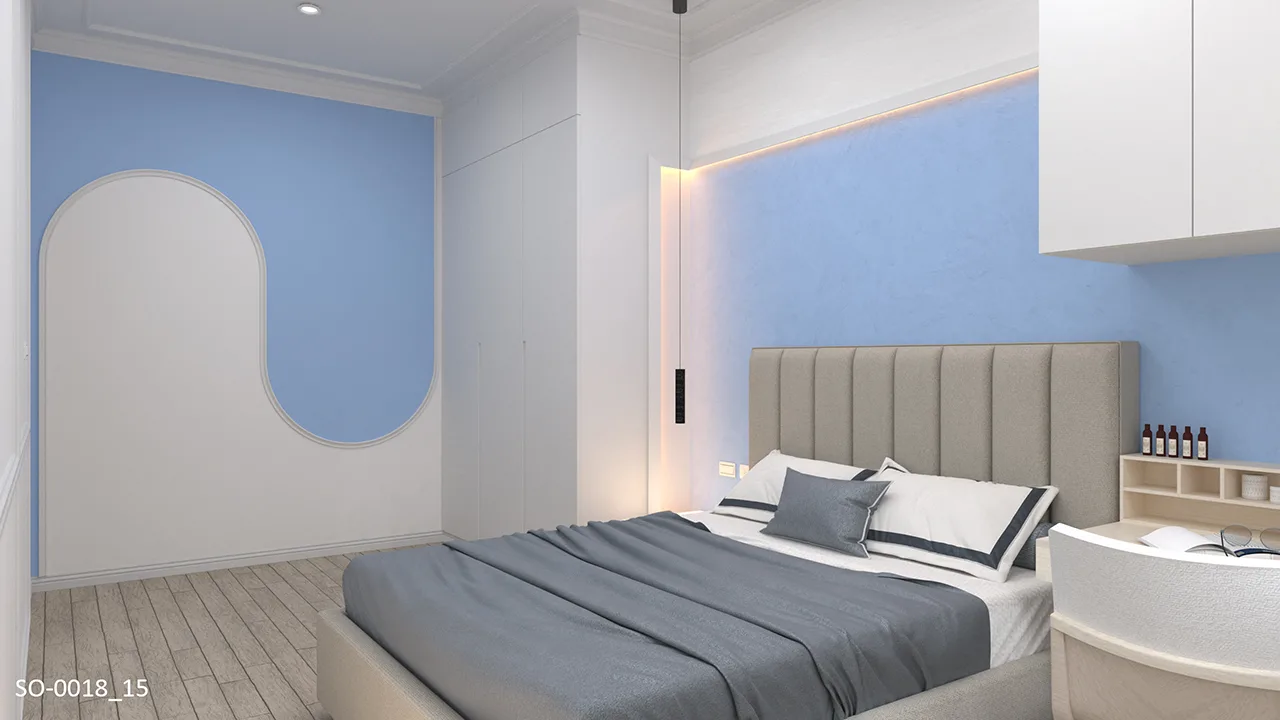 現代簡約居家｜夏日天空藍次臥設計。素面平面線板也能彎曲做波浪創意牆面