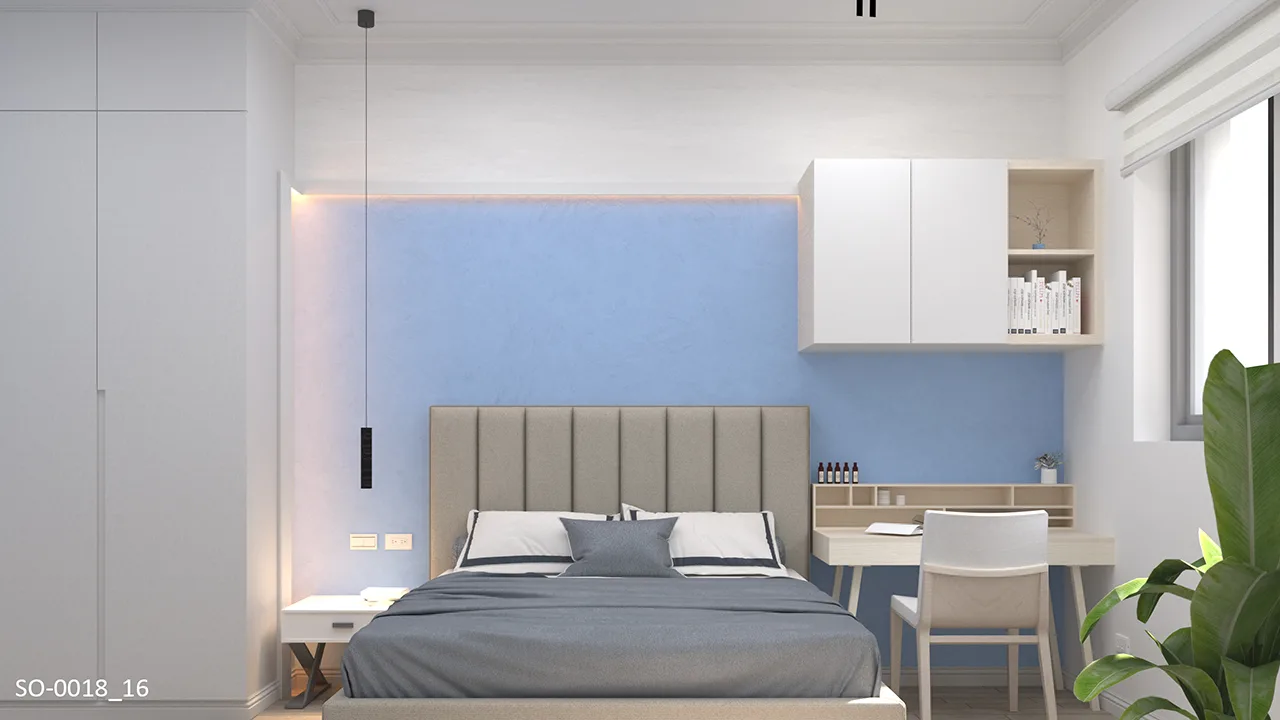 現代簡約居家｜夏日天空藍次臥設計。間接照明設計於床頭也可以提昇整體氛圍