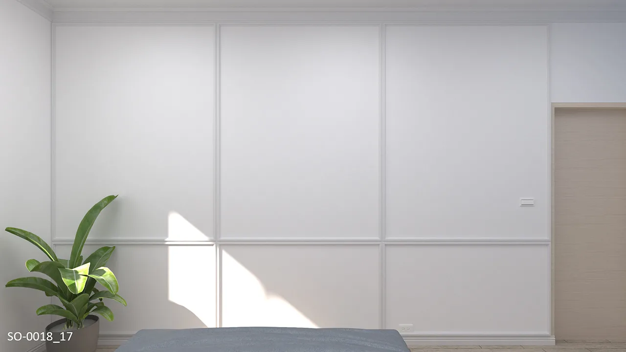 現代簡約居家｜夏日天空藍次臥設計。素面平面線板做牆面格線設計，可裝飾隱藏門／櫃，或凸顯空間層次