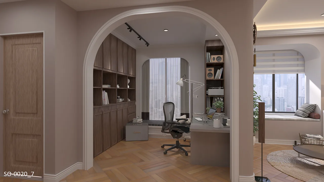 美拉德風格書房設計｜大地暖色系，簡單裝飾孕育而出寧靜的閱讀空間，半開方式入口以包角線板裝飾拱門。