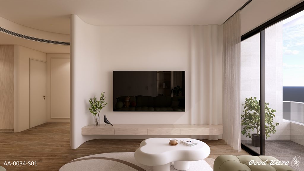 曲線設計、彎弧設計，使用波浪板與弧形線板裝飾客廳牆面