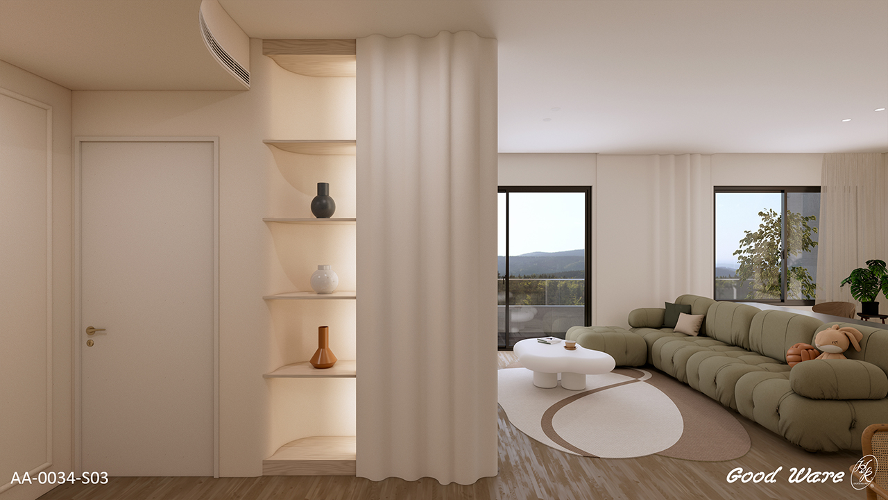 運用波浪板、彎弧線板裝飾書櫃，當作過渡通道的亮點