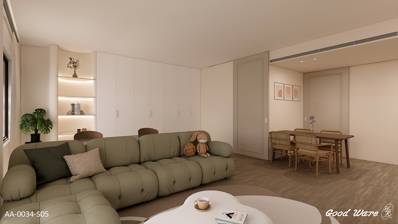 曲線設計、彎弧設計，搭配素面線板裝飾客廳沙發牆